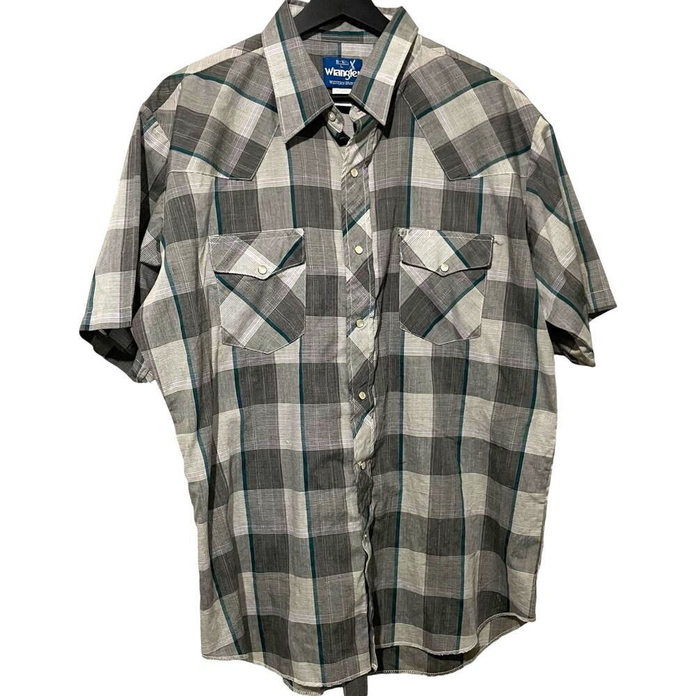 Wrangler Mens Size Large Pearl Snap Gray Plaid Button Short Sleeve Western Shirt